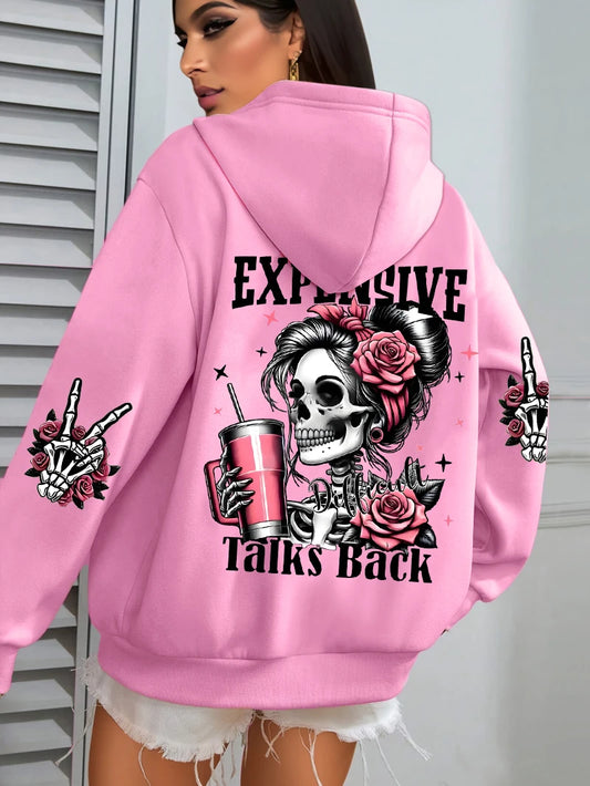 Women's "Expensive Talks Back" Printed Hoodie Sweater - Loose Fit