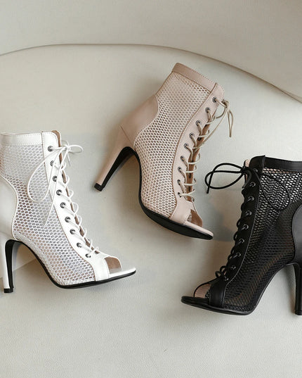 Womens Lace-up Hollow Mesh Heels