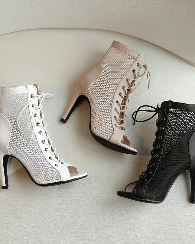 Womens Lace-up Hollow Mesh Heels