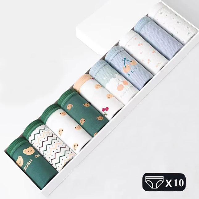 10Pcs Women's Cotton Panties – Comfortable Cartoon Print Underwear Set