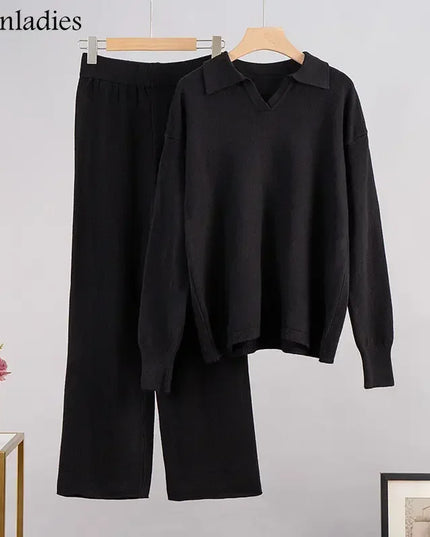 Women's Thick Knitted 2 Piece Set: Soft Polo Neck Sweater & Wide Leg Pants