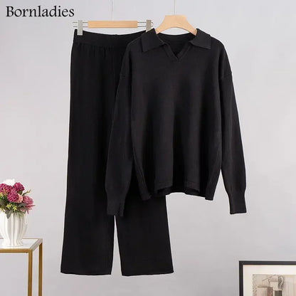Women's Thick Knitted 2 Piece Set: Soft Polo Neck Sweater & Wide Leg Pants