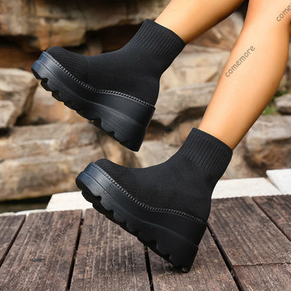 Women's Wedge High Heels - Breathable Weaving Elastic Short Boots with Thick Sole