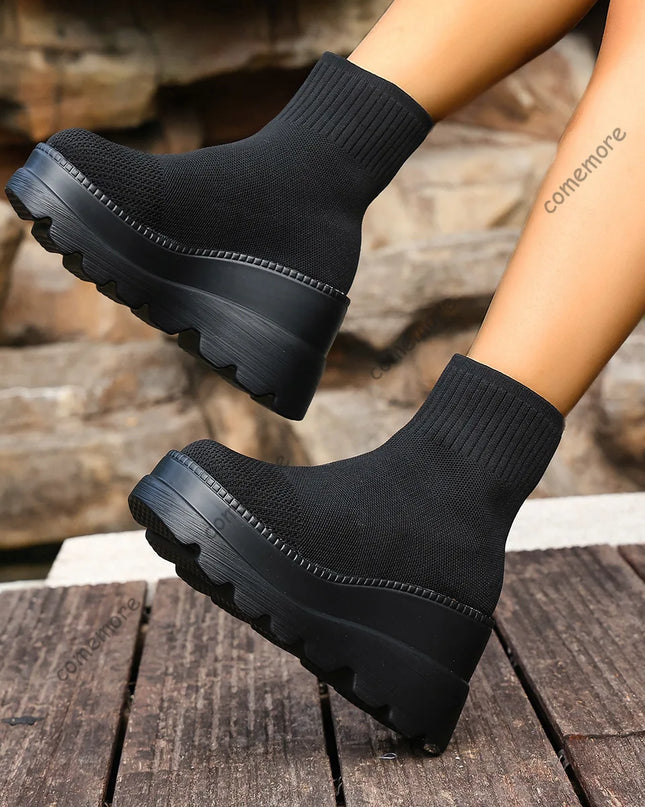 Women's Wedge High Heels - Breathable Weaving Elastic Short Boots with Thick Sole