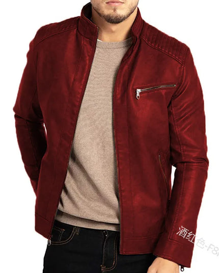 Men's PU Leather Jacket with Stand-Up Collar