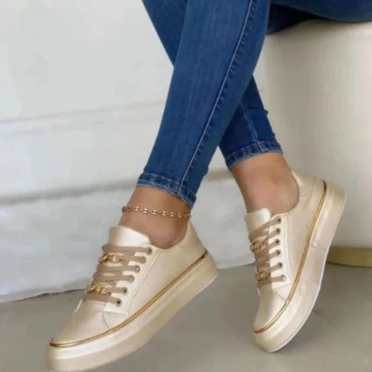Women's Platform Low-Top Faux Leather Sneakers - Lace-Up, Non-Slip Sole