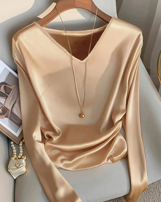 Women's Satin Feel V-Neck Long Sleeve Loose Elegant Blouse