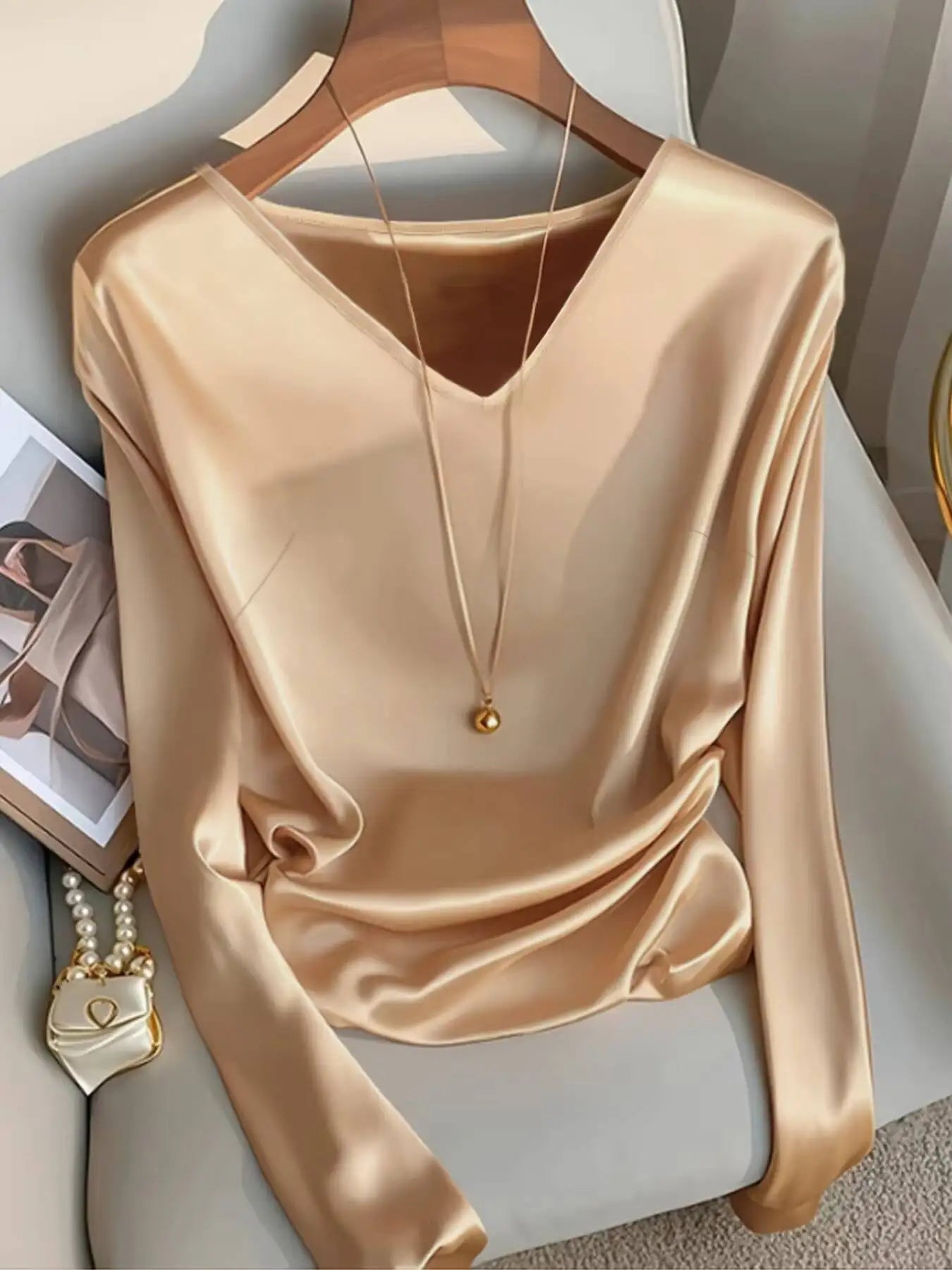 Women's Satin Feel V-Neck Long Sleeve Loose Elegant Blouse