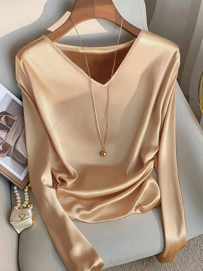 Women's Satin Feel V-Neck Long Sleeve Loose Elegant Blouse