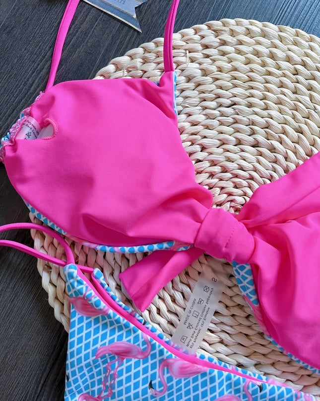 Women's Grid Flamingo Print Two-Piece Swimwear Set with Push-Up Thong Bikini
