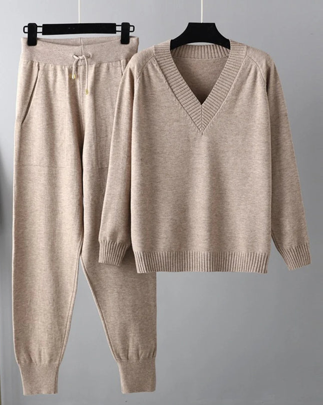 Women's Knitted 2-Piece Set – V-Neck Full Sleeve Sweater & Pencil Pants