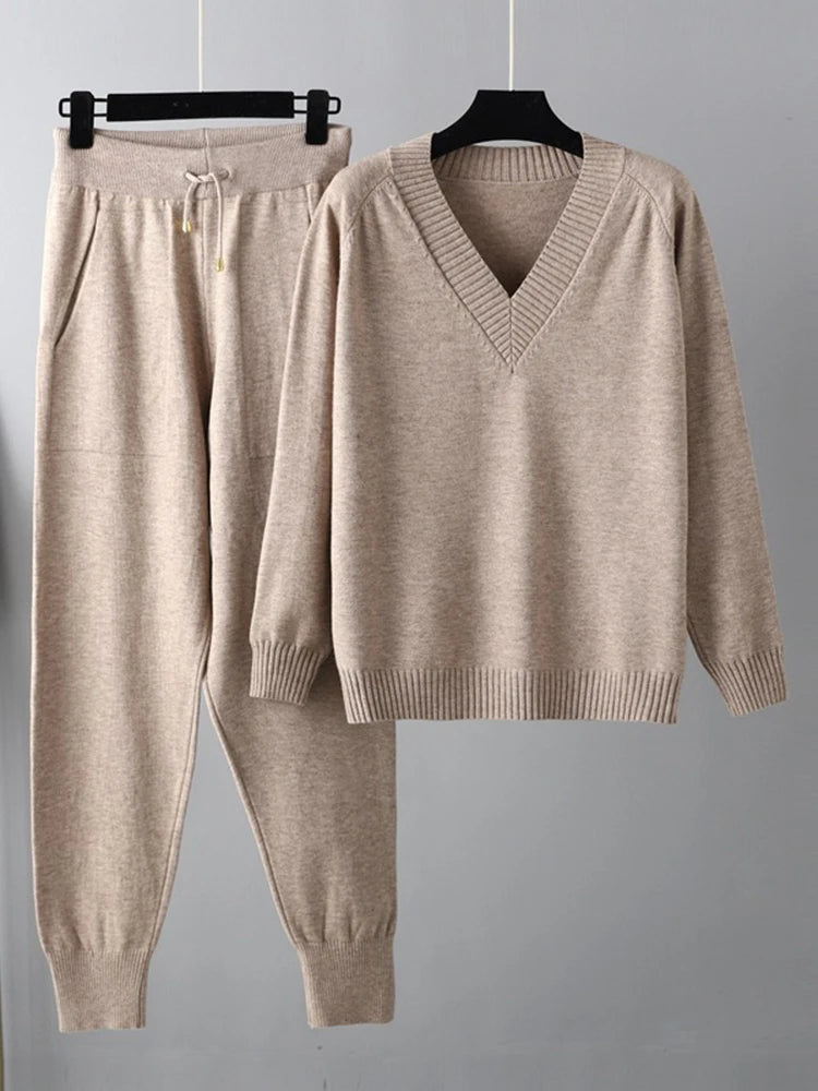 Women's Knitted 2-Piece Set – V-Neck Full Sleeve Sweater & Pencil Pants