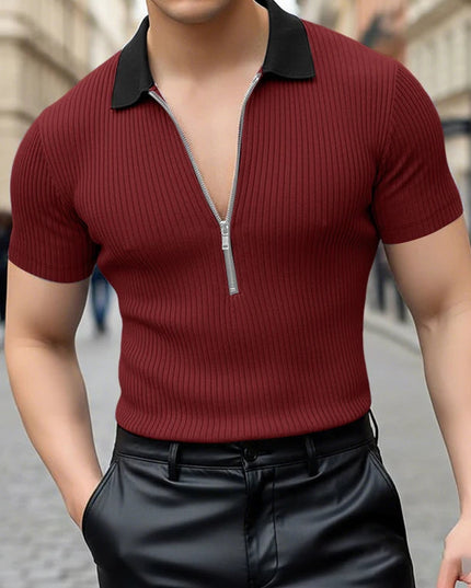Incerun Men's Knitted T-Shirt with Lapel, Short Sleeve, and Zipper