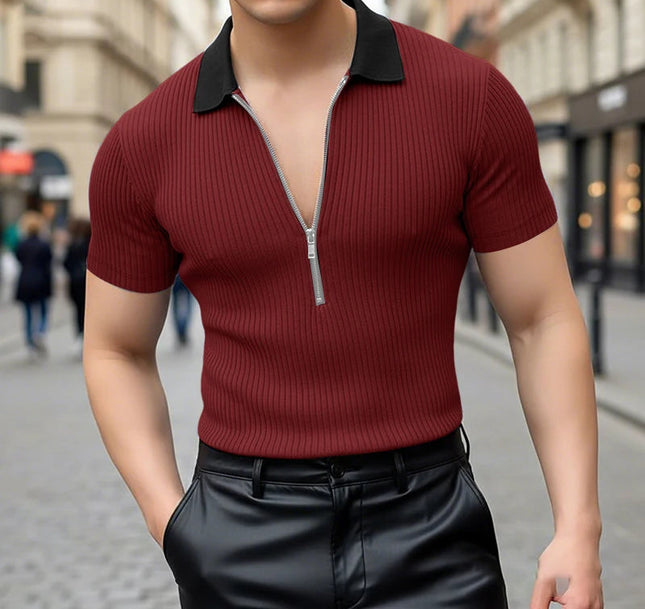 Incerun Men's Knitted T-Shirt with Lapel, Short Sleeve, and Zipper