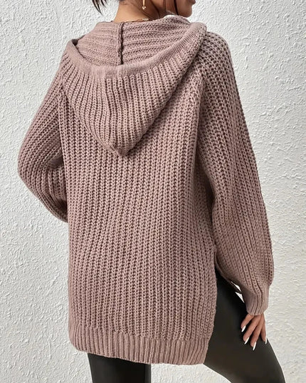 Women's Hooded Sweater with Raglan Sleeves and Split Hem Design