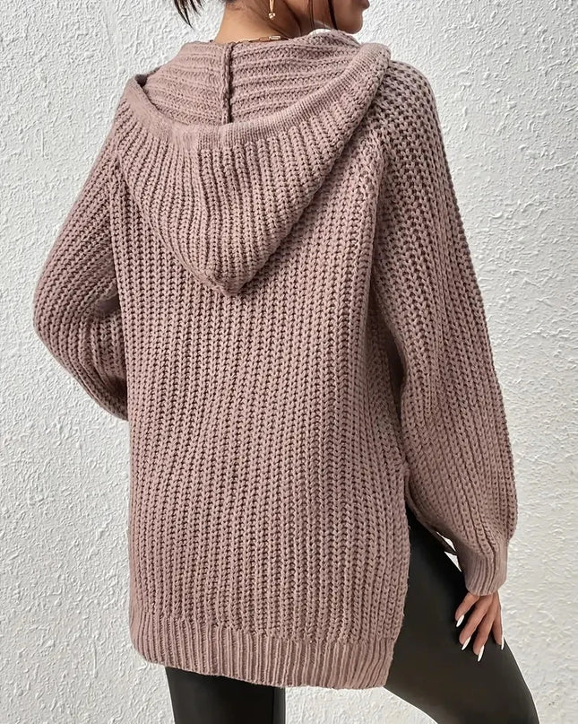 Women's Hooded Sweater with Raglan Sleeves and Split Hem Design