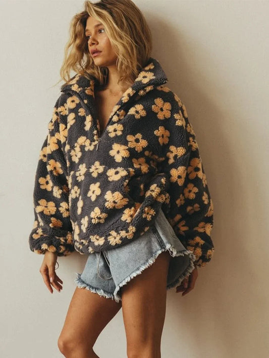 Women's Sherpa Floral Half Zip Hoodie - Loose Fit Hooded Sweater for Women