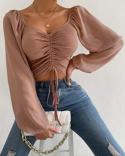 Drawstring Wrap Chest Long Sleeve Blouse for Women - Various Colors