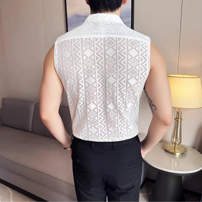 Men's Slim Fit Sleeveless Vest Shirt with Hollowed-Out Design