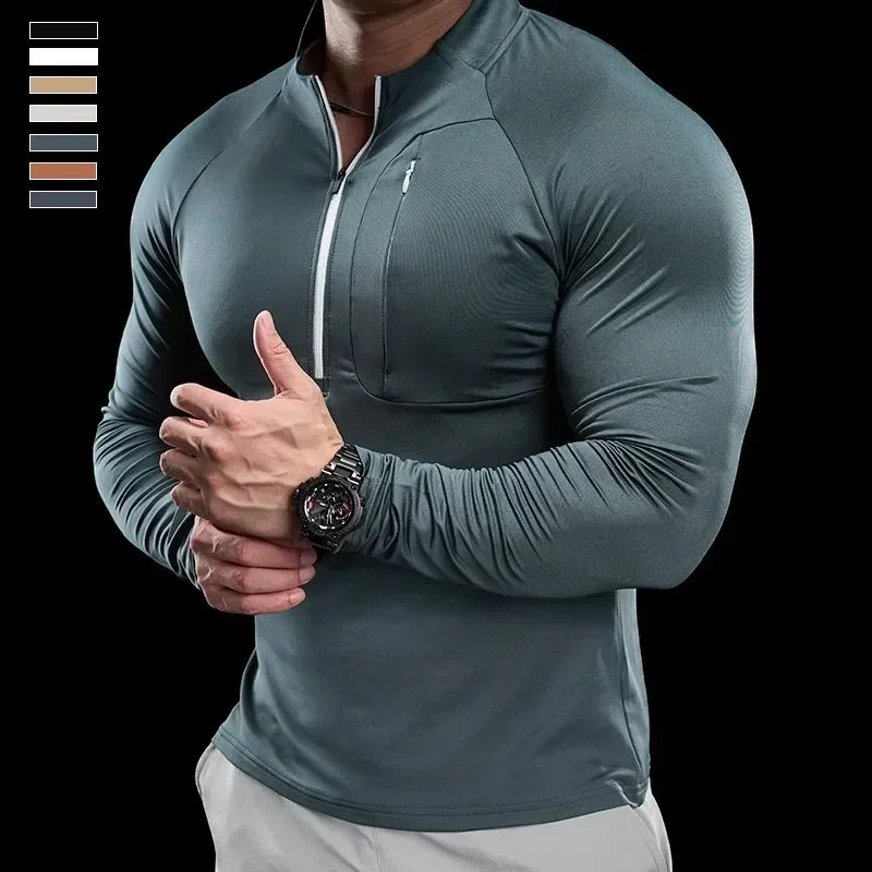 Men's Fitness Breathable Quick-Dry Long-Sleeve Half-Zip Round Neck Sweater