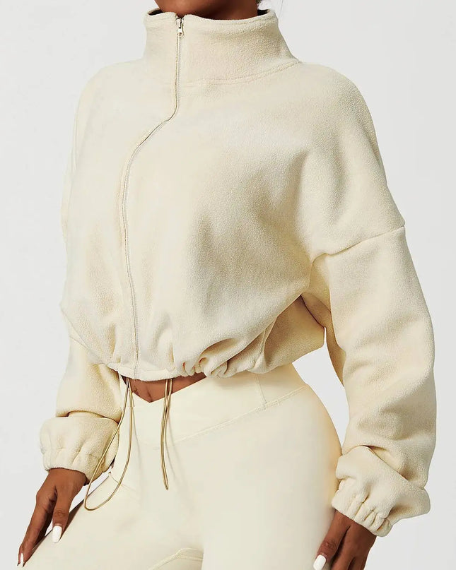 Women Crop Coat   Casual Fleece Jacket   With Stand Collar Loose Lined Outerwear
