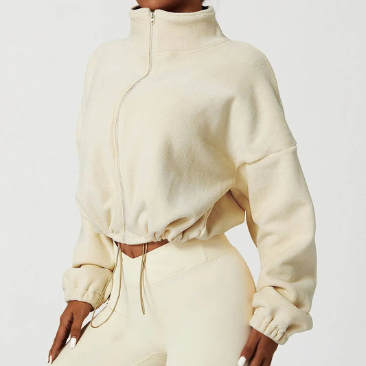 Women Crop Coat   Casual Fleece Jacket   With Stand Collar Loose Lined Outerwear