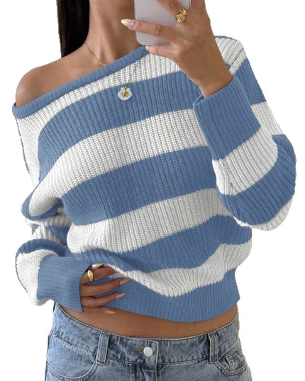 Women's Striped Knitted Sweater with Round Neck