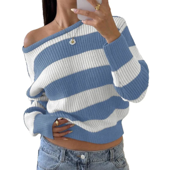 Women's Striped Knitted Sweater with Round Neck