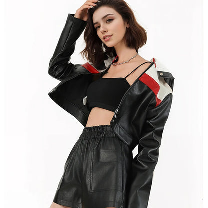 Women's Faux PU Leather Motorcycle Jacket with Zipper