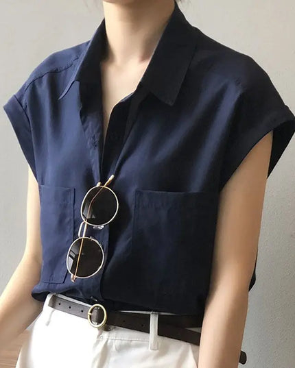 Women's Loose-Fitting Short Sleeve Shirt Blouse with Thin Style Lapel and Pocket