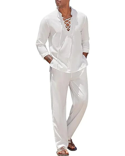 Two Piece Men's Cotton Linen Shirt and Pants Set