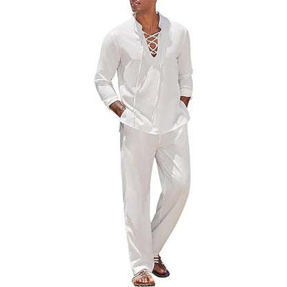 Two Piece Men's Cotton Linen Shirt and Pants Set