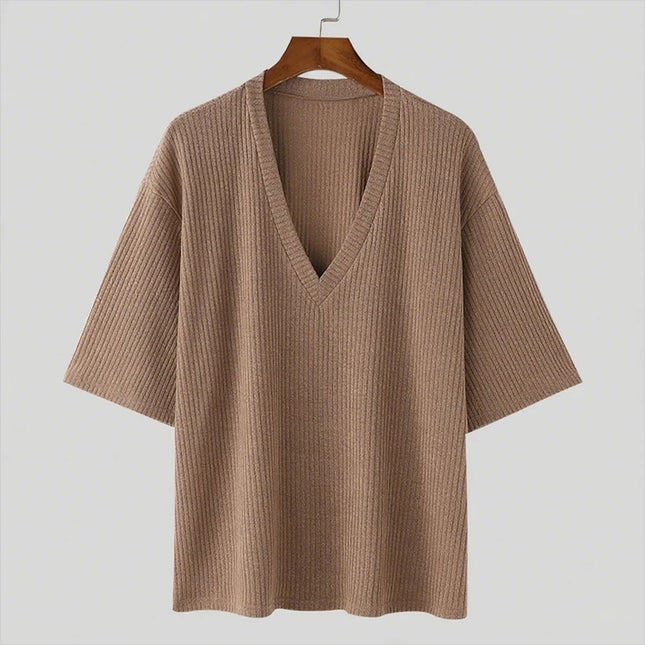 Men's V-Neck Short Sleeve Casual Slim Fit Ribbed T-Shirt
