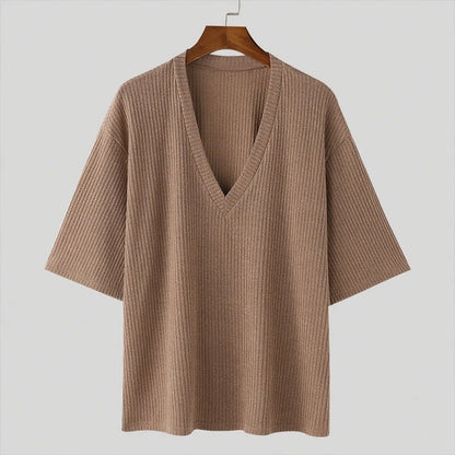 Men's V-Neck Short Sleeve Casual Slim Fit Ribbed T-Shirt