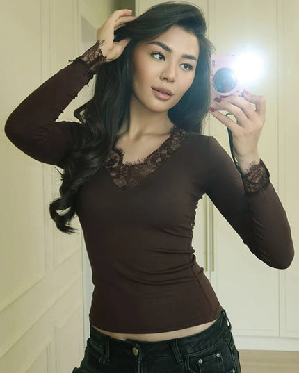Women's V-Neck Lace Spliced Blouse - Elegant Women's Top