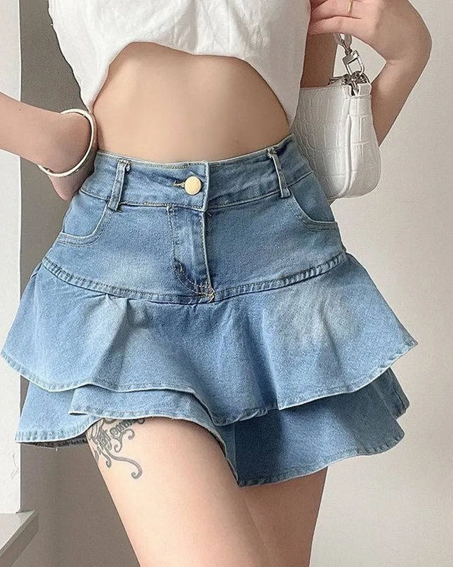 Vintage High-Waist Denim Skirt with Ruffle Detailing