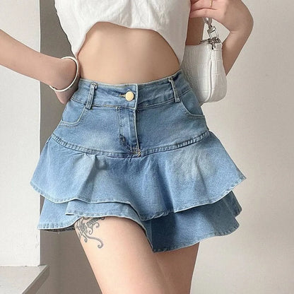 Women's Vintage Denim Skirt – High Waist A-Line Wash, Slim Fit, Ruffle Detailing