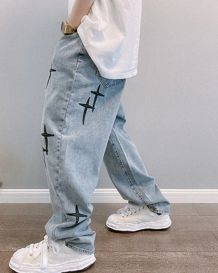 Men's Korean Style Printed Baggy Wide Leg Jeans - Casual Loose Fit Denim with Draped Design