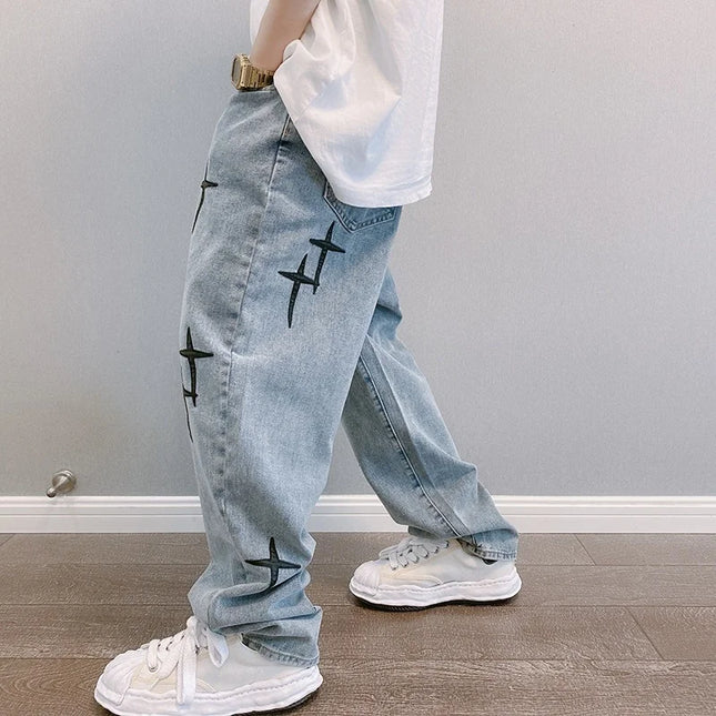 Men's Korean Style Printed Baggy Wide Leg Jeans - Casual Loose Fit Denim with Draped Design
