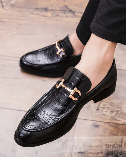 Metal Buckle Loafers Men's   Patent Leather Pointed-Toe Shoes Men's Loafers Slip-On
