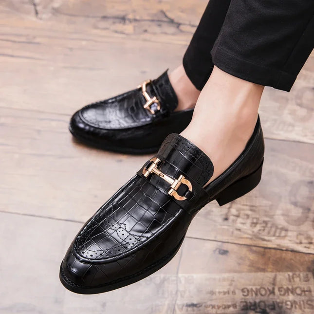 Metal Buckle Loafers Men's   Patent Leather Pointed-Toe Shoes Men's Loafers Slip-On