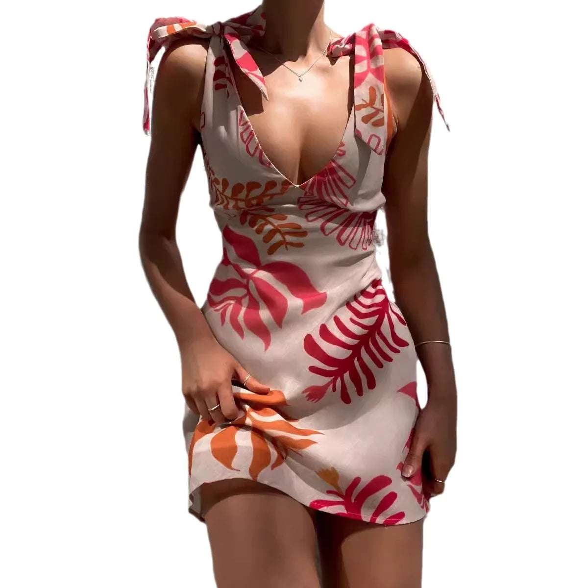 Women's V-Neck Leaf Print Strap Short Dress