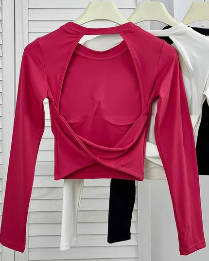 Long Sleeve Women's Yoga Top with Fixed Chest and Backless Design