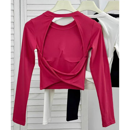 Long Sleeve Women's Yoga Top with Fixed Chest and Backless Design