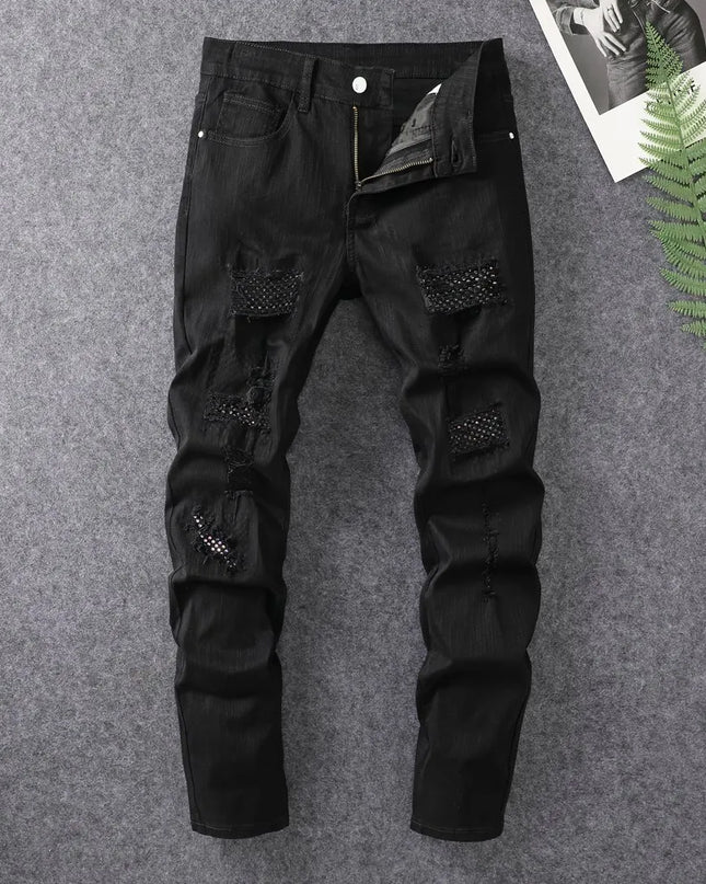 Men's Skinny Elastic Ripped Hole Denim Jeans