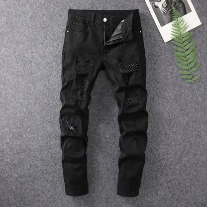Men's Skinny Elastic Ripped Hole Denim Jeans