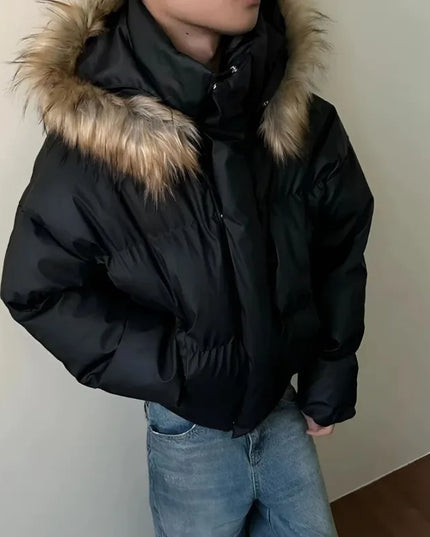 Women's Cotton-Padded Jacket with Faux Fur Collar and Hood