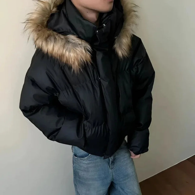 Women's Cotton-Padded Jacket with Faux Fur Collar and Hood