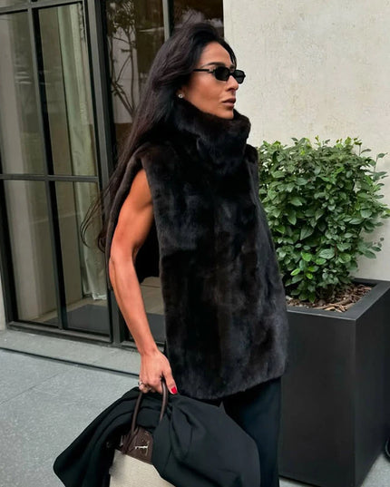 ZRTD Women's Faux Fur Patchwork Cropped Loose Lapel Jacket/Vest