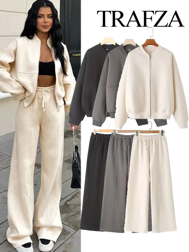 TRAFZA Women's 2-Piece Retro Zipper Jacket & High-Waisted Lace-Up Loose Pants Set